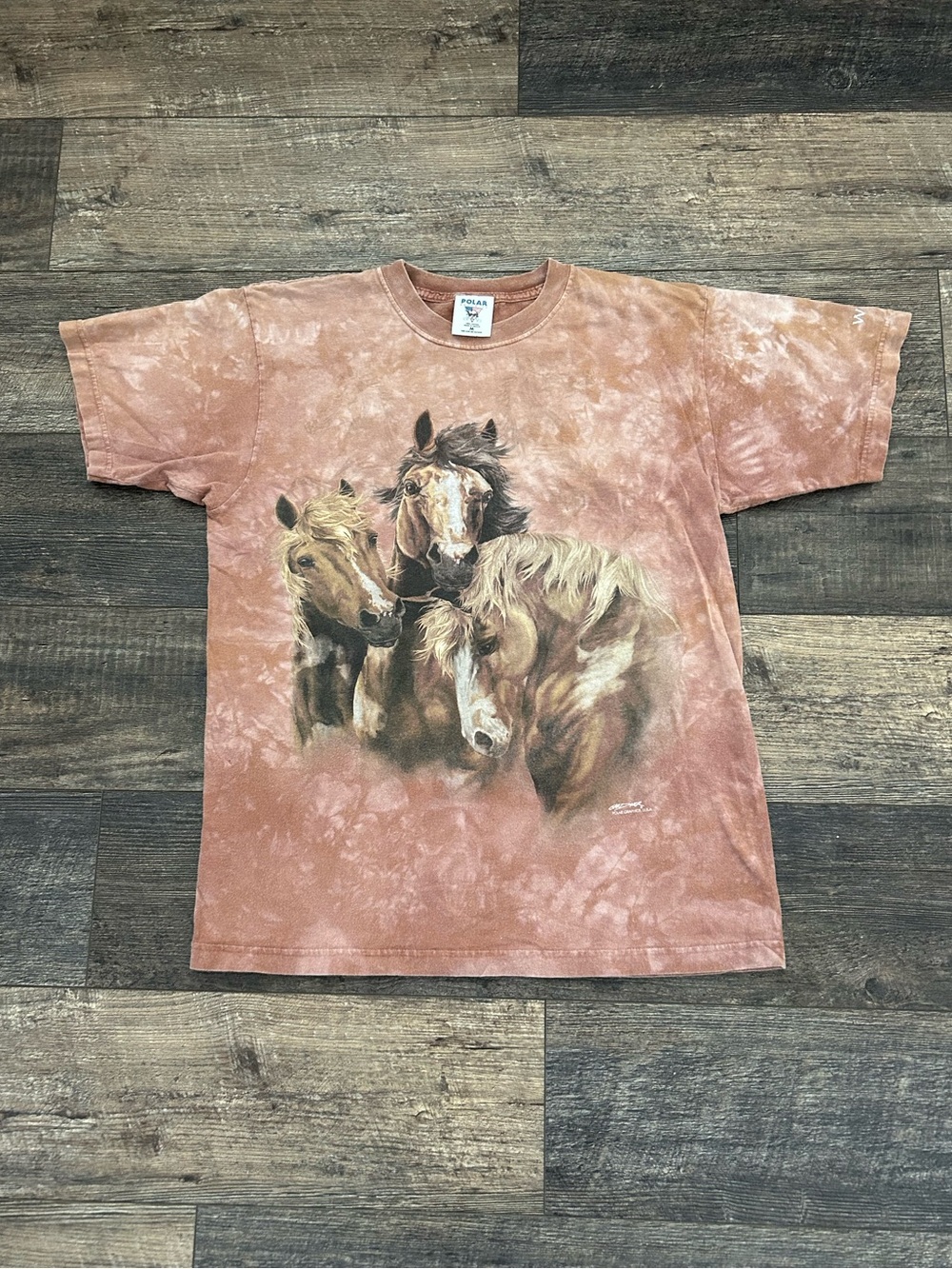 VTG 90s Horses Graphic T-Shirt Adult Sz M Brown Acid Wash Polar Graphics USA